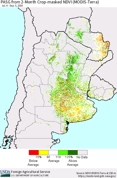 Southern South America PASG from 2-Month Cropland NDVI (Terra-MODIS) Thematic Map For 9/1/2019 - 9/10/2019