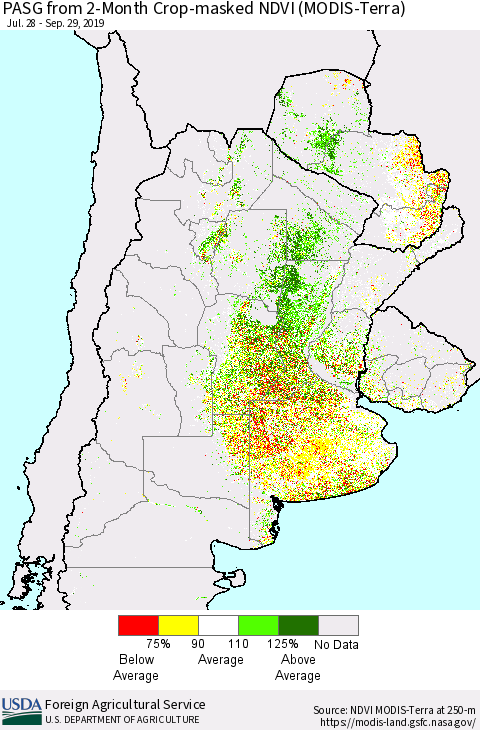 Southern South America PASG from 2-Month Cropland NDVI (Terra-MODIS) Thematic Map For 9/21/2019 - 9/30/2019