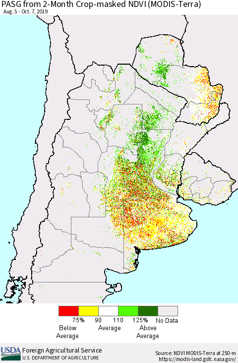 Southern South America PASG from 2-Month Cropland NDVI (Terra-MODIS) Thematic Map For 10/1/2019 - 10/10/2019
