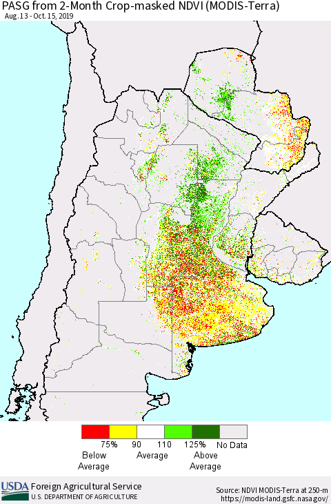 Southern South America PASG from 2-Month Cropland NDVI (Terra-MODIS) Thematic Map For 10/11/2019 - 10/20/2019