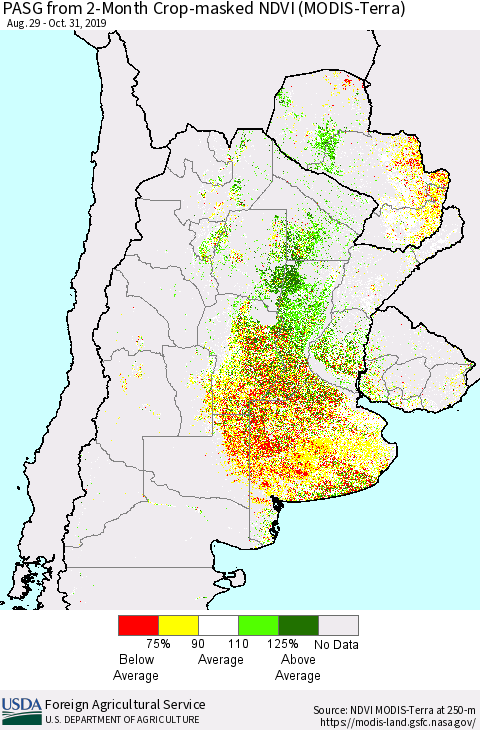 Southern South America PASG from 2-Month Cropland NDVI (Terra-MODIS) Thematic Map For 10/21/2019 - 10/31/2019