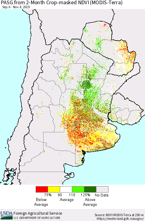 Southern South America PASG from 2-Month Cropland NDVI (Terra-MODIS) Thematic Map For 11/1/2019 - 11/10/2019