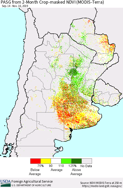Southern South America PASG from 2-Month Cropland NDVI (Terra-MODIS) Thematic Map For 11/11/2019 - 11/20/2019