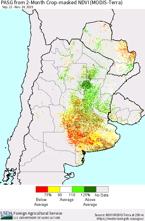 Southern South America PASG from 2-Month Cropland NDVI (Terra-MODIS) Thematic Map For 11/21/2019 - 11/30/2019