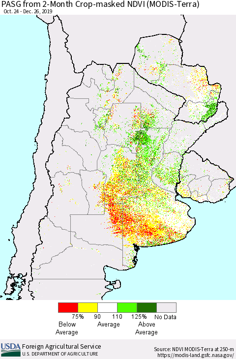 Southern South America PASG from 2-Month Cropland NDVI (Terra-MODIS) Thematic Map For 12/21/2019 - 12/31/2019