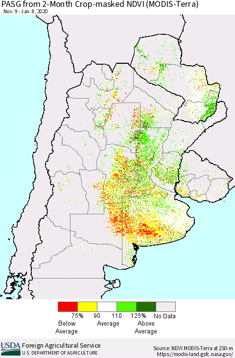 Southern South America PASG from 2-Month Cropland NDVI (Terra-MODIS) Thematic Map For 1/1/2020 - 1/10/2020