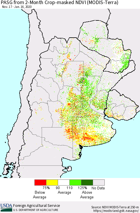 Southern South America PASG from 2-Month Cropland NDVI (Terra-MODIS) Thematic Map For 1/11/2020 - 1/20/2020