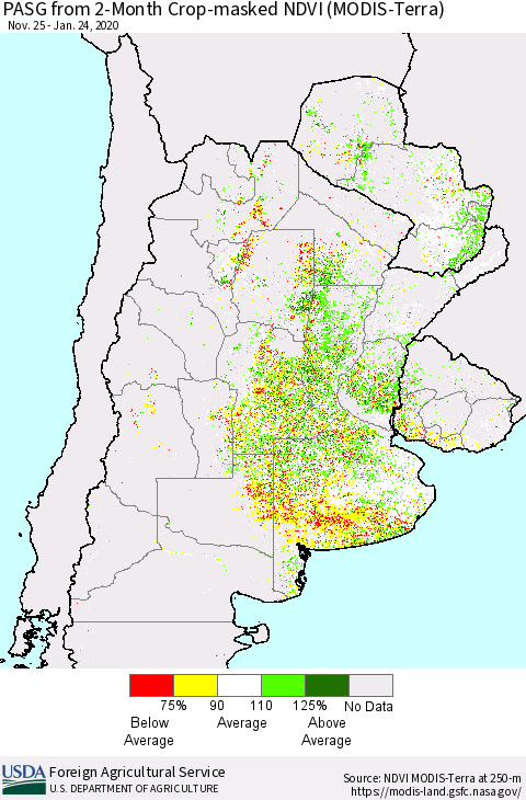 Southern South America PASG from 2-Month Cropland NDVI (Terra-MODIS) Thematic Map For 1/21/2020 - 1/31/2020