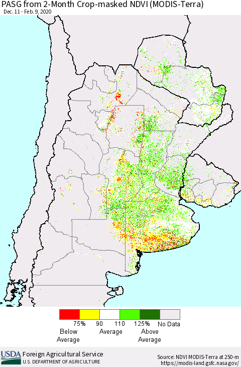Southern South America PASG from 2-Month Cropland NDVI (Terra-MODIS) Thematic Map For 2/1/2020 - 2/10/2020