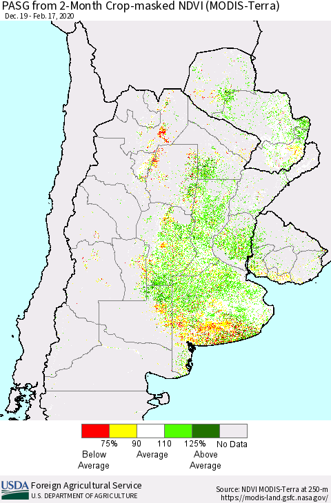 Southern South America PASG from 2-Month Cropland NDVI (Terra-MODIS) Thematic Map For 2/11/2020 - 2/20/2020