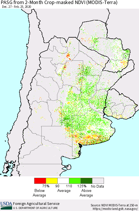 Southern South America PASG from 2-Month Cropland NDVI (Terra-MODIS) Thematic Map For 2/21/2020 - 2/29/2020
