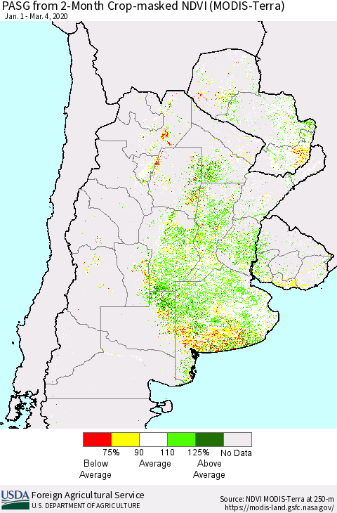 Southern South America PASG from 2-Month Cropland NDVI (Terra-MODIS) Thematic Map For 3/1/2020 - 3/10/2020