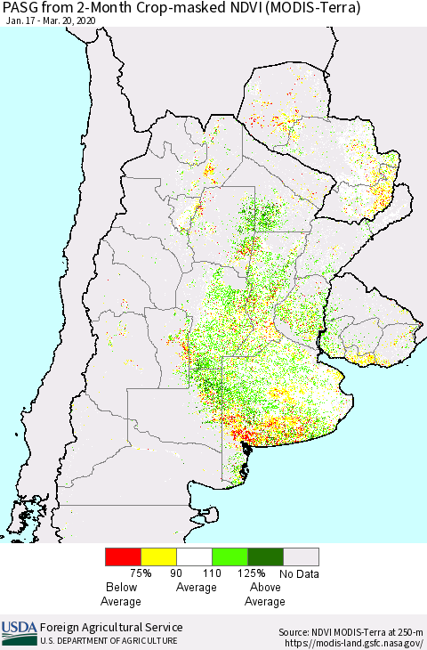 Southern South America PASG from 2-Month Cropland NDVI (Terra-MODIS) Thematic Map For 3/11/2020 - 3/20/2020