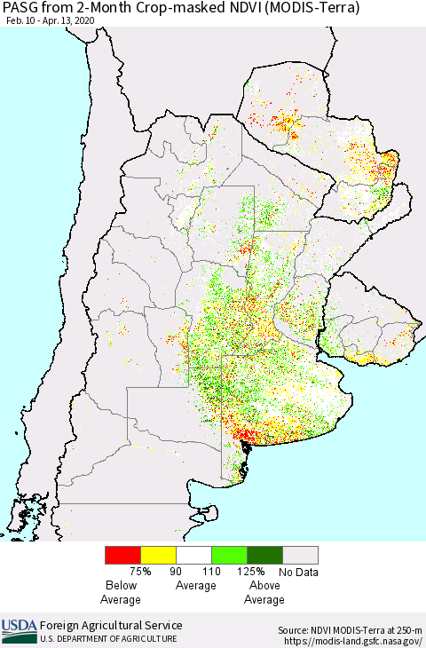 Southern South America PASG from 2-Month Cropland NDVI (Terra-MODIS) Thematic Map For 4/11/2020 - 4/20/2020