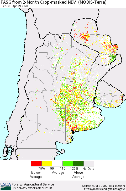 Southern South America PASG from 2-Month Cropland NDVI (Terra-MODIS) Thematic Map For 4/21/2020 - 4/30/2020