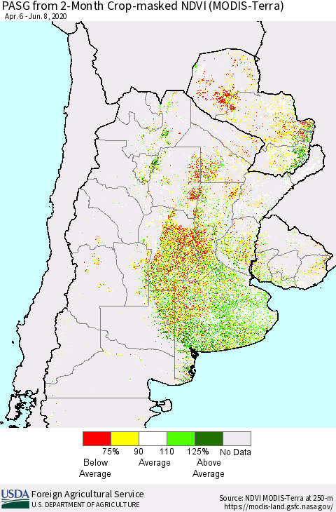 Southern South America PASG from 2-Month Cropland NDVI (Terra-MODIS) Thematic Map For 6/1/2020 - 6/10/2020