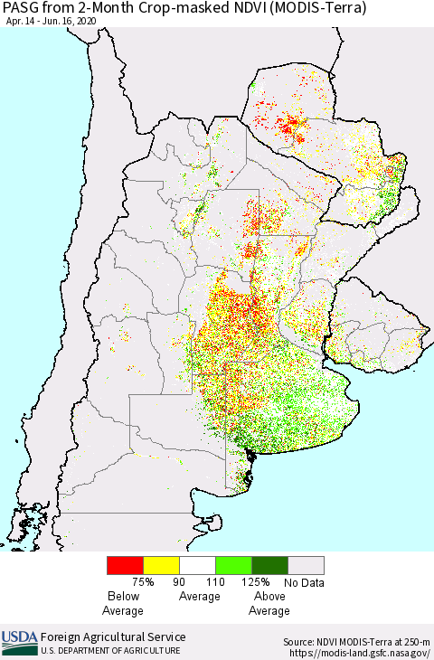 Southern South America PASG from 2-Month Cropland NDVI (Terra-MODIS) Thematic Map For 6/11/2020 - 6/20/2020