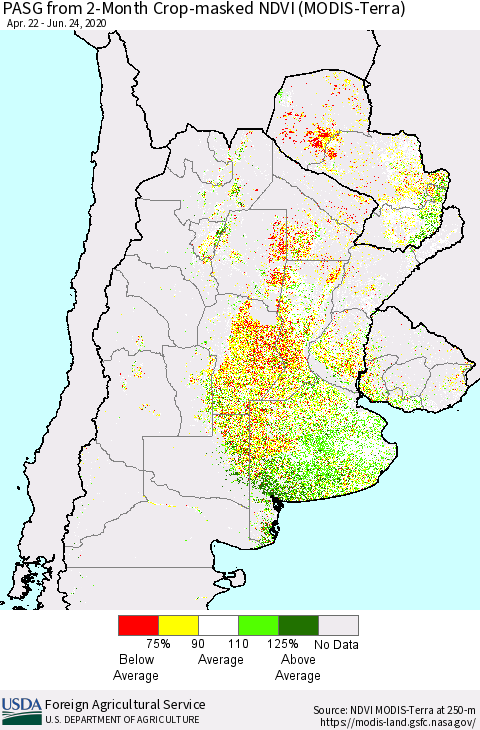 Southern South America PASG from 2-Month Cropland NDVI (Terra-MODIS) Thematic Map For 6/21/2020 - 6/30/2020