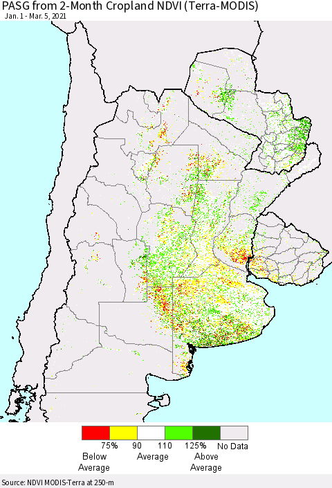 Southern South America PASG from 2-Month Cropland NDVI (Terra-MODIS) Thematic Map For 2/26/2021 - 3/5/2021
