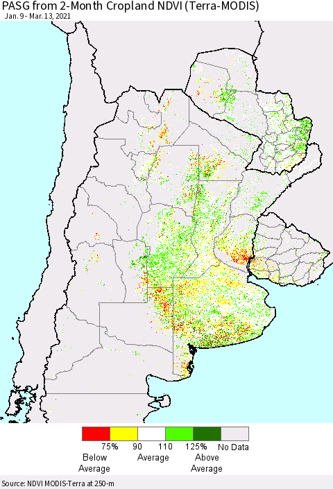 Southern South America PASG from 2-Month Cropland NDVI (Terra-MODIS) Thematic Map For 3/6/2021 - 3/13/2021
