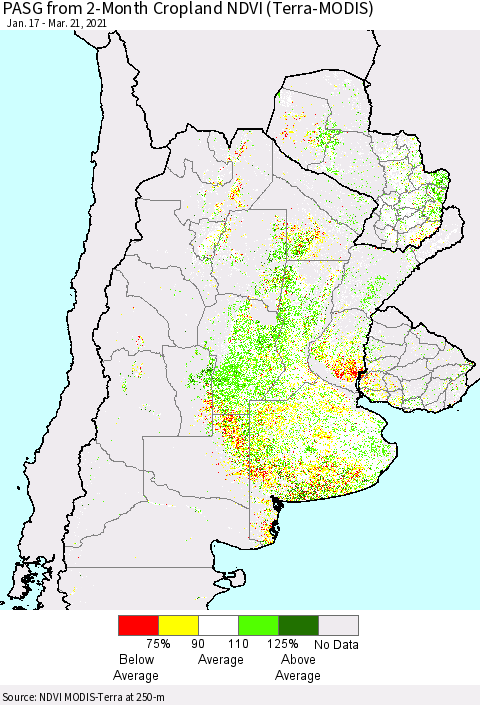 Southern South America PASG from 2-Month Cropland NDVI (Terra-MODIS) Thematic Map For 3/14/2021 - 3/21/2021