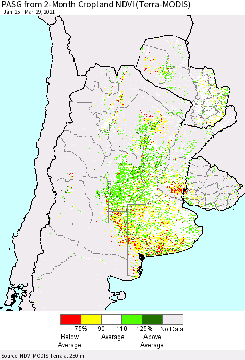Southern South America PASG from 2-Month Cropland NDVI (Terra-MODIS) Thematic Map For 3/22/2021 - 3/29/2021