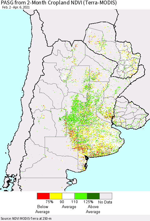 Southern South America PASG from 2-Month Cropland NDVI (Terra-MODIS) Thematic Map For 3/30/2021 - 4/6/2021