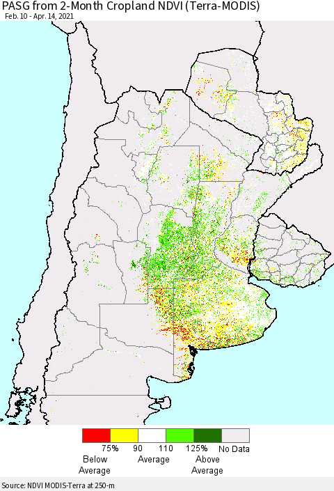 Southern South America PASG from 2-Month Cropland NDVI (Terra-MODIS) Thematic Map For 4/7/2021 - 4/14/2021