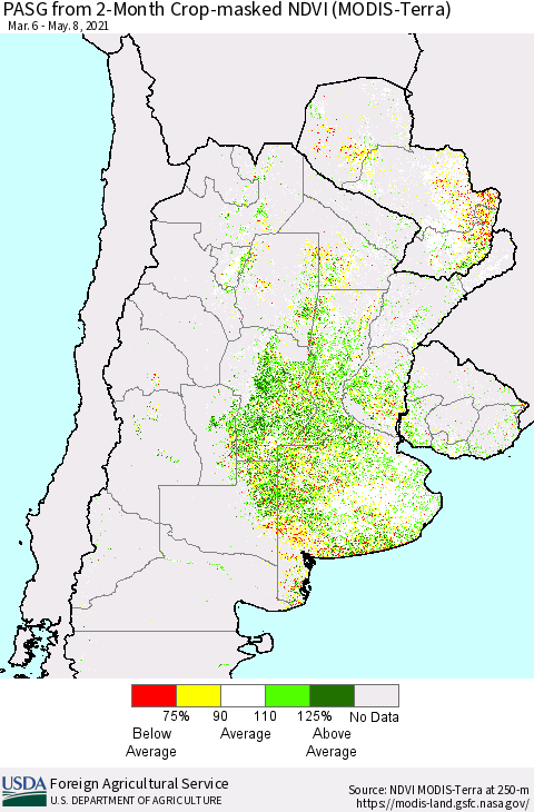 Southern South America PASG from 2-Month Cropland NDVI (Terra-MODIS) Thematic Map For 5/1/2021 - 5/10/2021