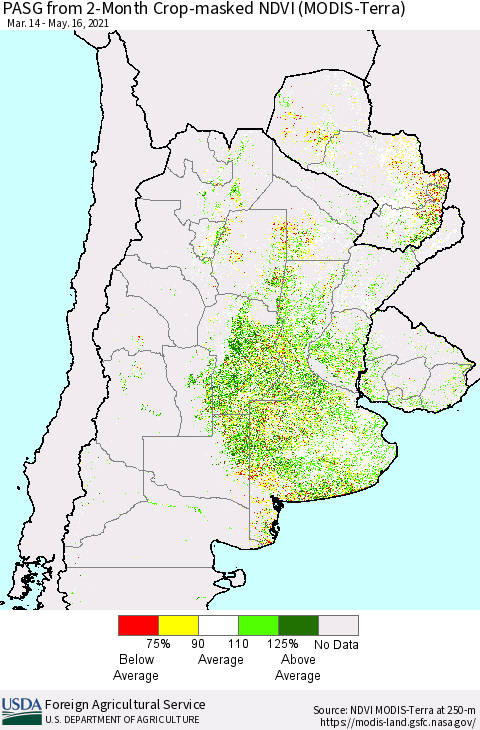 Southern South America PASG from 2-Month Cropland NDVI (Terra-MODIS) Thematic Map For 5/11/2021 - 5/20/2021