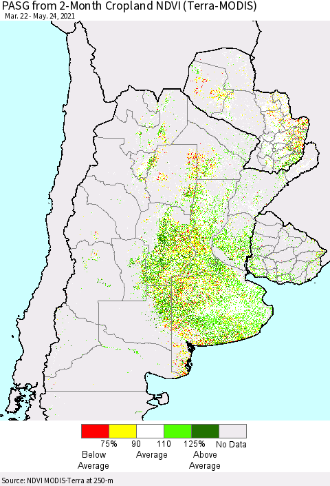 Southern South America PASG from 2-Month Cropland NDVI (Terra-MODIS) Thematic Map For 5/17/2021 - 5/24/2021