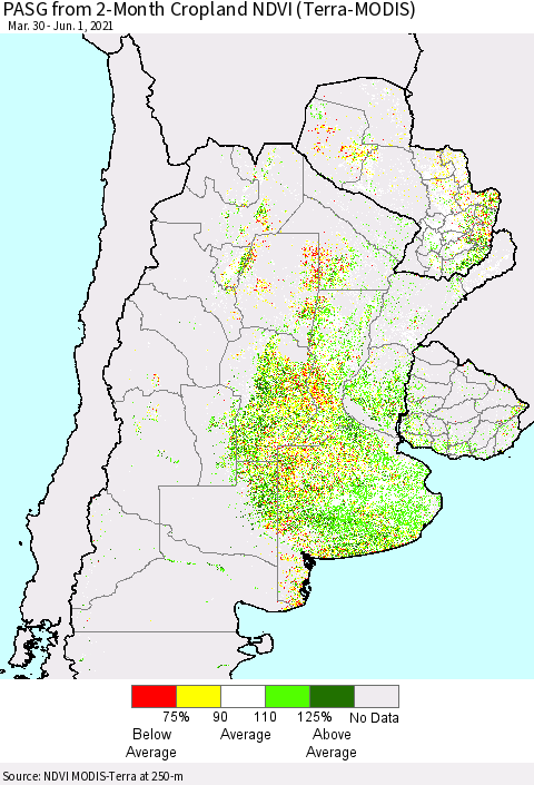 Southern South America PASG from 2-Month Cropland NDVI (Terra-MODIS) Thematic Map For 5/25/2021 - 6/1/2021