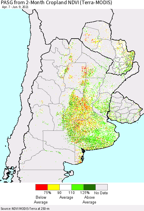 Southern South America PASG from 2-Month Cropland NDVI (Terra-MODIS) Thematic Map For 6/2/2021 - 6/9/2021