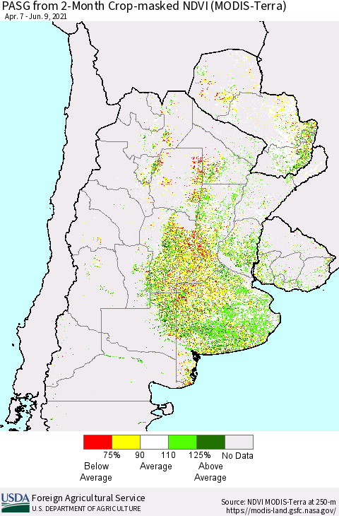 Southern South America PASG from 2-Month Cropland NDVI (Terra-MODIS) Thematic Map For 6/1/2021 - 6/10/2021