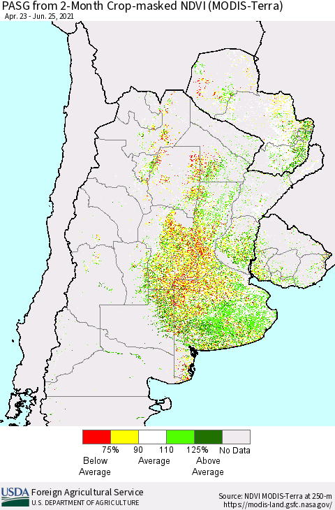 Southern South America PASG from 2-Month Cropland NDVI (Terra-MODIS) Thematic Map For 6/21/2021 - 6/30/2021