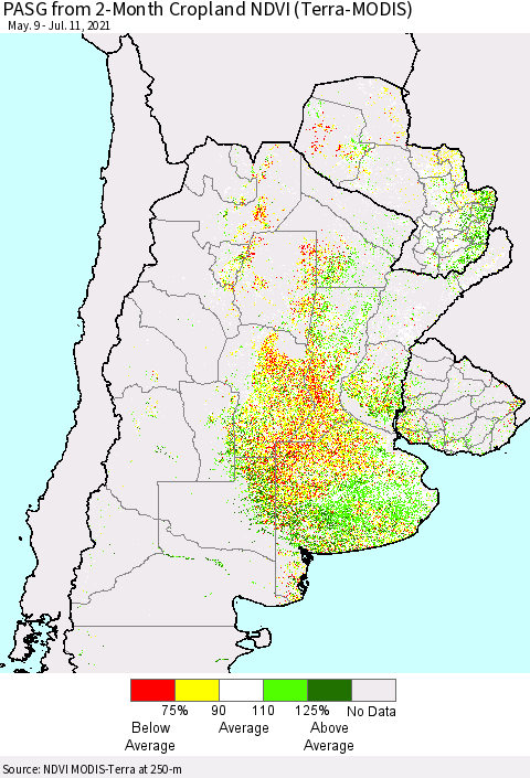 Southern South America PASG from 2-Month Cropland NDVI (Terra-MODIS) Thematic Map For 7/4/2021 - 7/11/2021