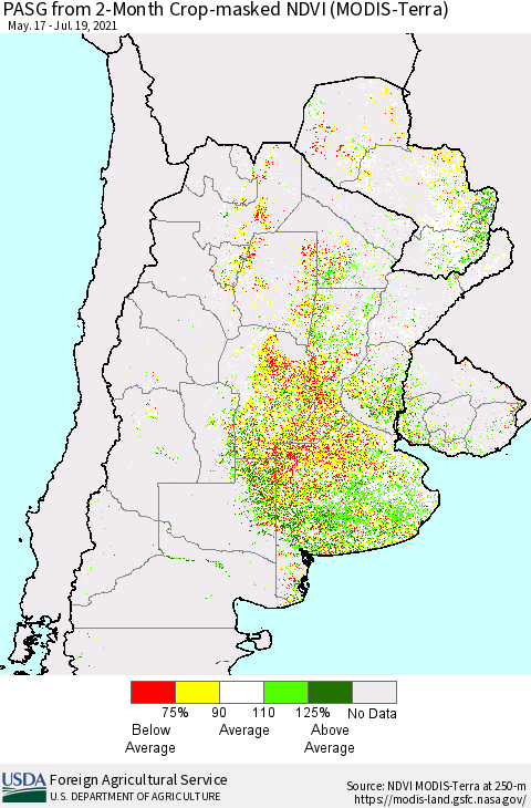 Southern South America PASG from 2-Month Cropland NDVI (Terra-MODIS) Thematic Map For 7/11/2021 - 7/20/2021