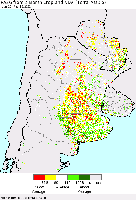 Southern South America PASG from 2-Month Cropland NDVI (Terra-MODIS) Thematic Map For 8/5/2021 - 8/12/2021