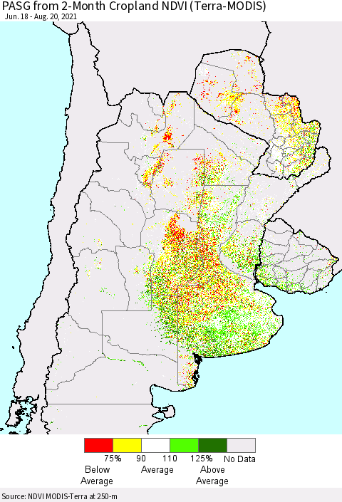 Southern South America PASG from 2-Month Cropland NDVI (Terra-MODIS) Thematic Map For 8/11/2021 - 8/20/2021