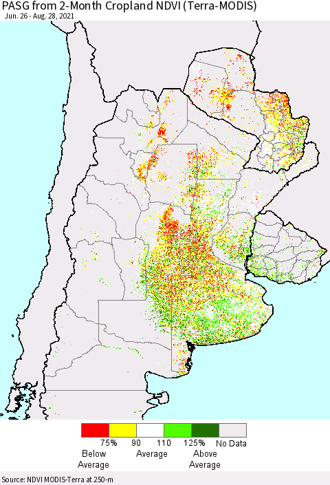 Southern South America PASG from 2-Month Cropland NDVI (Terra-MODIS) Thematic Map For 8/21/2021 - 8/28/2021