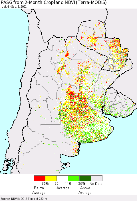 Southern South America PASG from 2-Month Cropland NDVI (Terra-MODIS) Thematic Map For 8/29/2021 - 9/5/2021