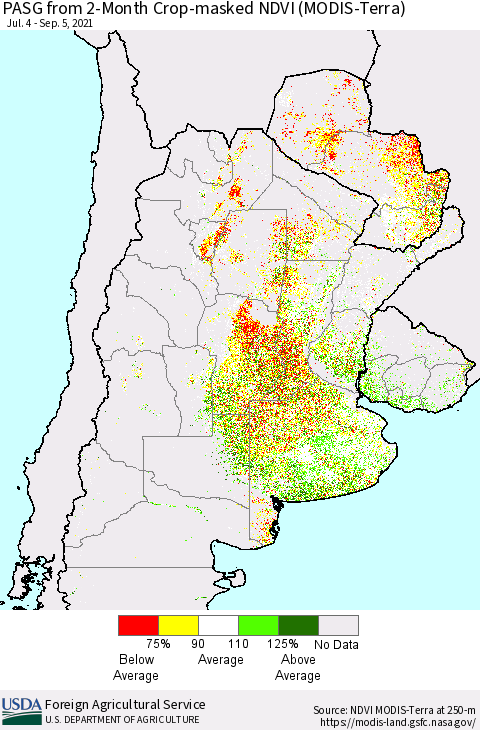 Southern South America PASG from 2-Month Cropland NDVI (Terra-MODIS) Thematic Map For 9/1/2021 - 9/10/2021