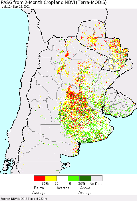 Southern South America PASG from 2-Month Cropland NDVI (Terra-MODIS) Thematic Map For 9/6/2021 - 9/13/2021