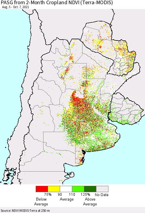Southern South America PASG from 2-Month Cropland NDVI (Terra-MODIS) Thematic Map For 9/30/2021 - 10/7/2021