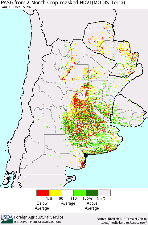 Southern South America PASG from 2-Month Cropland NDVI (Terra-MODIS) Thematic Map For 10/11/2021 - 10/20/2021