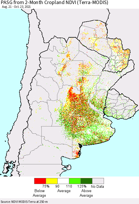 Southern South America PASG from 2-Month Cropland NDVI (Terra-MODIS) Thematic Map For 10/16/2021 - 10/23/2021