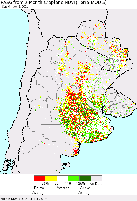 Southern South America PASG from 2-Month Cropland NDVI (Terra-MODIS) Thematic Map For 11/1/2021 - 11/8/2021