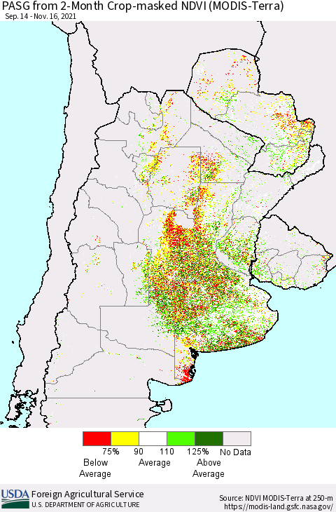 Southern South America PASG from 2-Month Cropland NDVI (Terra-MODIS) Thematic Map For 11/11/2021 - 11/20/2021