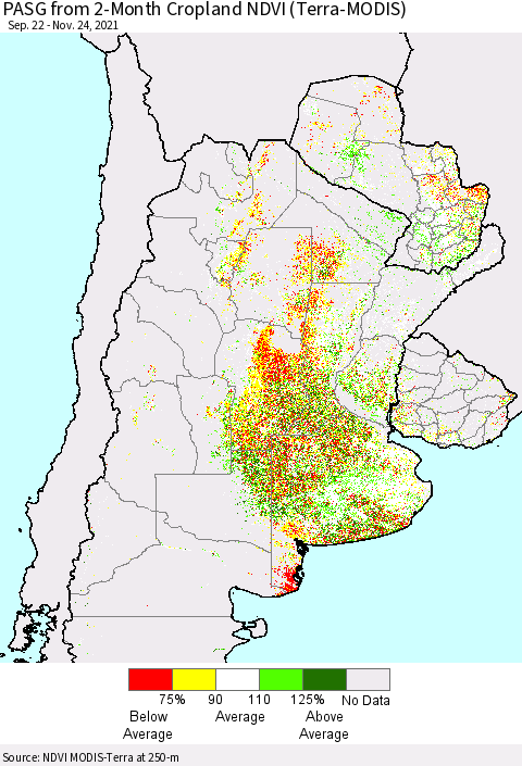 Southern South America PASG from 2-Month Cropland NDVI (Terra-MODIS) Thematic Map For 11/17/2021 - 11/24/2021