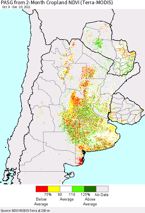 Southern South America PASG from 2-Month Cropland NDVI (Terra-MODIS) Thematic Map For 12/3/2021 - 12/10/2021